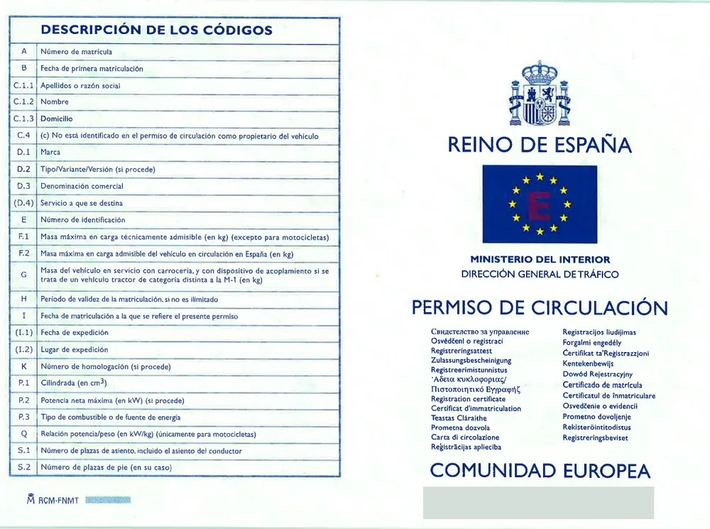 Espanha · Permiso de circulación · verso, capa e legenda · exemplo da Legaliza na Hora com dados ocultados