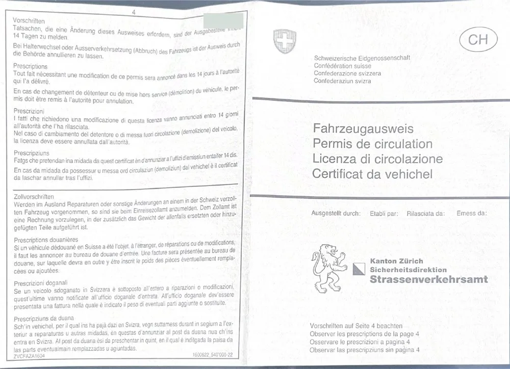 Fahrzeugausweis, capa, exemplo real de um carro da Suíça legalizado por nós