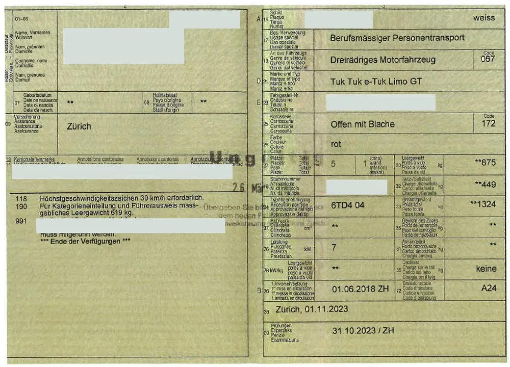 Fahrzeugausweis, interior, exemplo real de um carro da Suíça legalizado por nós