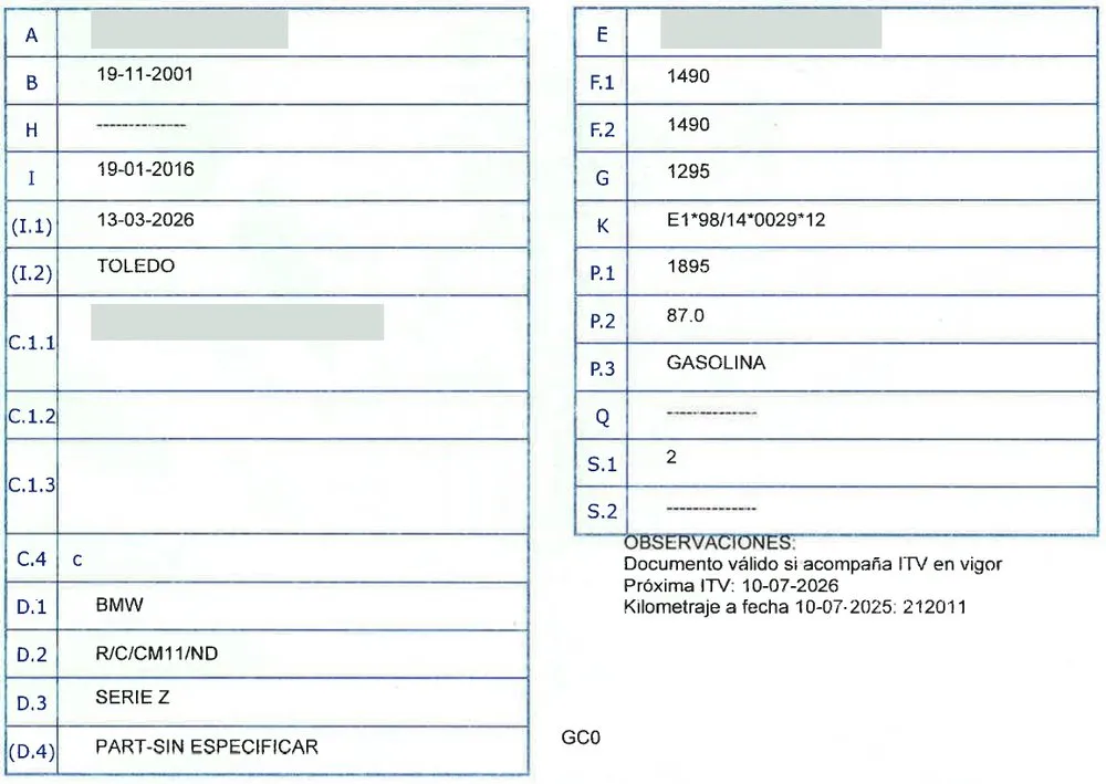 Permiso de circulación, dados do veículo, exemplo real de um carro de Espanha legalizado por nós