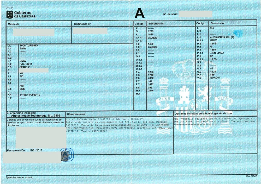 Tarjeta de inspección técnica (ficha técnica), frente, exemplo real de um carro de Espanha legalizado por nós