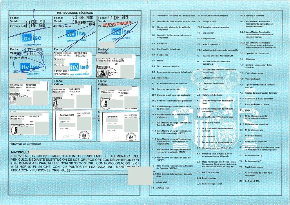 Tarjeta ITV, verso, com as inspeções, exemplo real de um carro de Espanha legalizado por nós